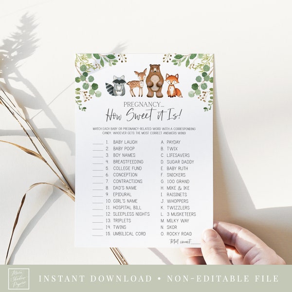 how sweet it is candy match game // woodland baby shower, woodland animals, watercolor greenery, baby shower game, printable