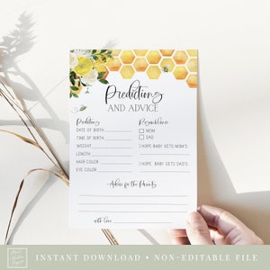 predicciones y tarjeta de consejos // baby shower de abejas, tema de abejas, abeja bebé, género neutro, floral amarillo, abejas, juego de baby shower imprimible