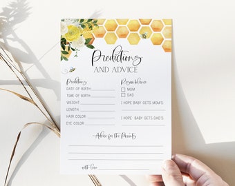 Tarjeta de predicciones y consejos // Baby shower de abejas, temática de abejas, abejita, género neutro, flores amarillas, abejas, juego imprimible para baby shower