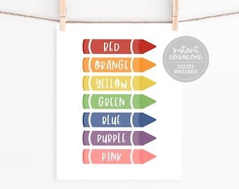 May include: Printable rainbow crayon chart with the words "Red", "Orange", "Yellow", "Green", "Blue", "Purple", and "Pink" written in white.
