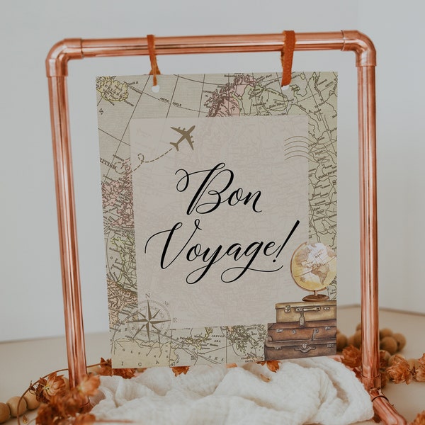 bon voyage sign // travel baby shower, luggage, suitcase, map, printable baby shower sign