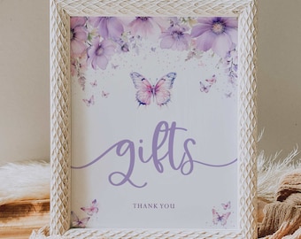 wydrukowany znak prezentów // kwiatowy motyl lawendowy, znak na baby shower, przyjęcie urodzinowe, wieczór panieński, natychmiastowe pobieranie