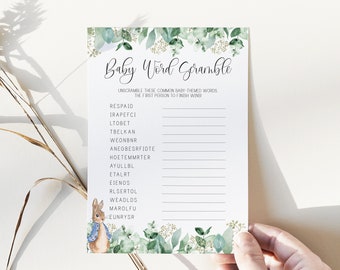 baby word scramble game // peter rabbit baby shower, peter rabbit, eucalyptus, greenery, printable baby shower game