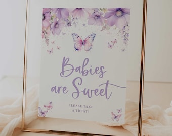 wydrukowany znak „dzieci są słodkie” // kwiatowy motyl lawendowy, znak na baby shower, przyjęcie urodzinowe, wieczór panieński, natychmiastowe pobieranie