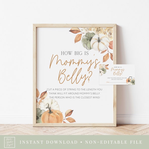 how big is mommy's belly game // fall autumn baby shower, orange pumpkin, fall floral, gender neutral, printable baby shower sign