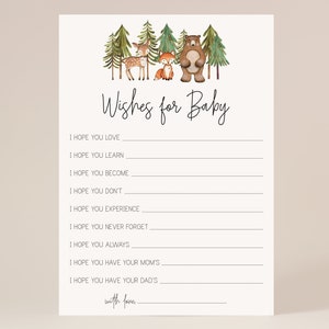 wensen voor baby kaart // bos baby shower, bosdieren, genderneutraal, baby jongen, bomen bos, afdrukbare baby shower spel