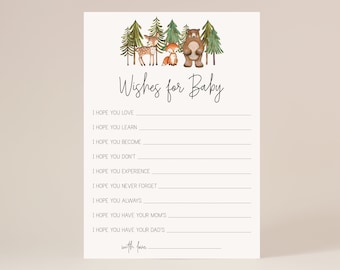 wishes for baby card // woodland baby shower, woodland animals, gender neutral, baby boy, trees forest, printable baby shower game