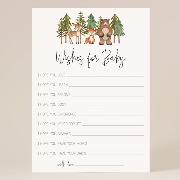 wishes for baby card // woodland baby shower, woodland animals, gender neutral, baby boy, trees forest, printable baby shower game