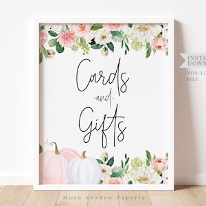 cards and gifts sign // pink pumpkin, pumpkin baby shower, bridal shower, blush pink, baby girl, fall autumn, fall floral, printable sign