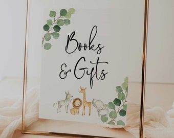 letrero de libros y regalos // baby shower en la jungla, animales de la jungla, safari, vegetación, género neutro, letrero de baby shower imprimible