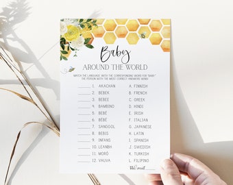 gioco del bambino in giro per il mondo // baby shower con api, tema ape, baby ape, genere neutro, fiori gialli, api, gioco baby shower stampabile