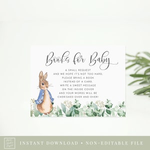 livres pour carte de livre de bébé // douche de bébé de lapin de peter, lapin de peter, eucalyptus, verdure, carte imprimable de demande de livre