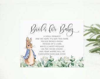 Livros para cartão de livro de bebê // chá de bebê Peter Rabbit, Peter Rabbit, eucalipto, vegetação, cartão de solicitação de livro para impressão