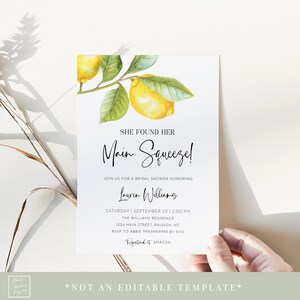 she found her main squeeze bridal shower invitation // lemon bridal shower, citrus, lemon theme, lemons, printable invite