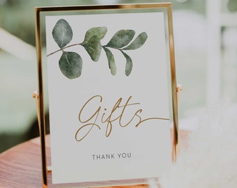 signo de regalos // signo imprimible de baby shower, eucalipto, vegetación, floral verde, signo de baby shower imprimible