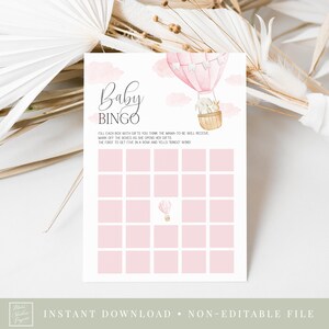 jogo de bingo para bebês // chá de bebê em balão de ar quente rosa, para cima e para longe, a aventura o aguarda, rosa, menina, jogo de chá de bebê para impressão