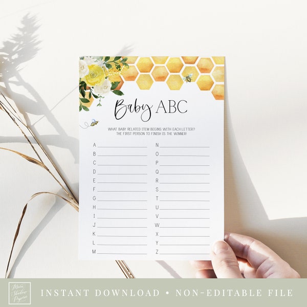 baby abc game // bee baby shower, bee theme, baby bee, gender neutral, yellow floral, bees, printable baby shower game