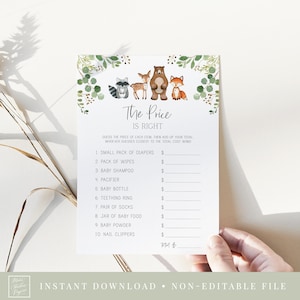 de prijs is goed kaart / / bos babyshower, bosdieren, aquarel groen, afdrukbare baby douche spel
