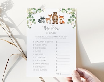 the price is right card // woodland baby shower, woodland animals, watercolor greenery, printable baby shower game