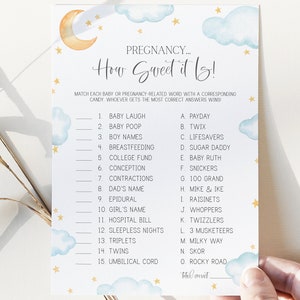 how sweet it is candy match game // twinkle baby shower game, moon and stars, twinkle little star, blue, boy, printable baby shower game