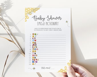 baby emoji pictionary game // bee baby shower game, honeycomb, bees, gender neutral, printable baby shower game