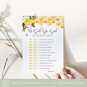 May include: A printable game card with a yellow and white floral design. The card has the text "He Said, She Said" and "Guess Who Said It" with a list of statements to guess who said it.
