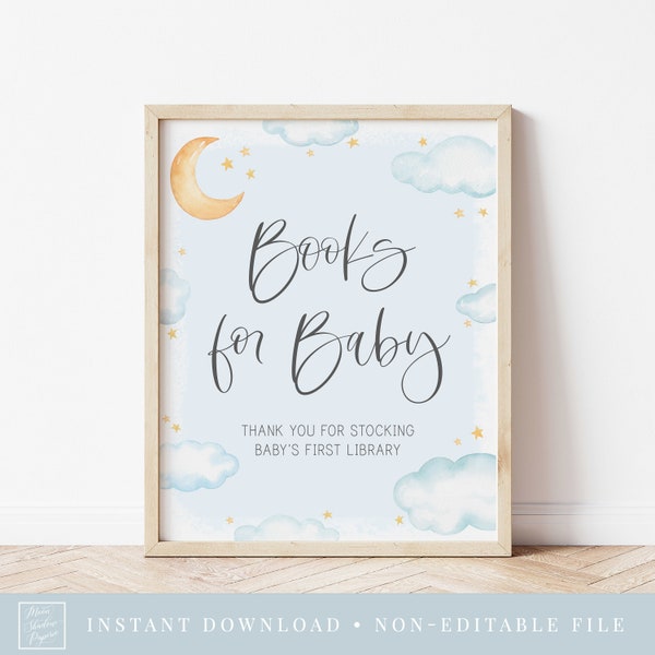 books for baby sign // twinkle baby shower sign, moon and stars, twinkle twinkle little star, blue, boy, printable baby shower sign