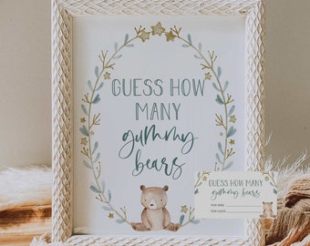 guess how many gummy bears game sign card // bear woodland watercolor greenery wreath boy baby shower