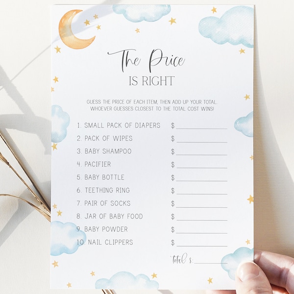 the price is right game // twinkle baby shower game, moon and stars, twinkle twinkle little star, blue, boy, printable baby shower game