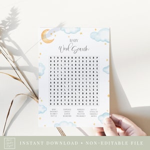 baby woord zoeken spel // twinkelende baby douche spel, maan en sterren, twinkelende twinkelende kleine ster, blauw, jongen, afdrukbare baby douche spel