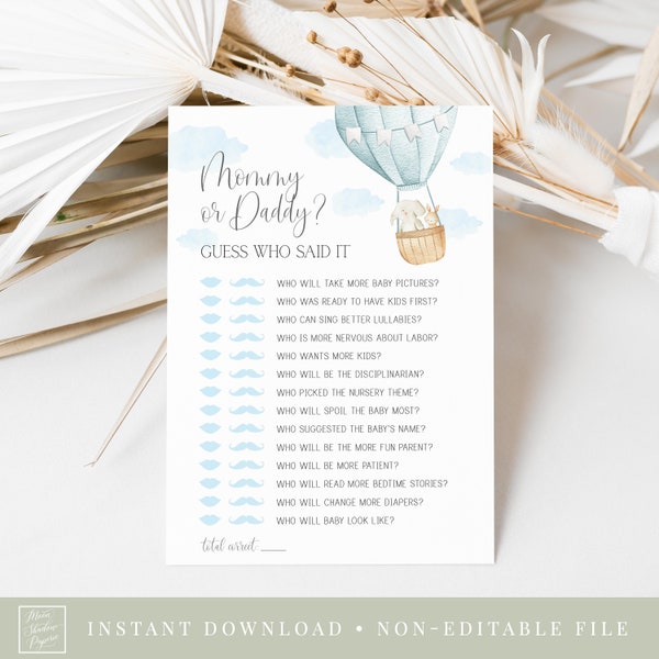 mommy or daddy game // hot air balloon baby shower, up up and away, adventure awaits, blue, baby boy, printable baby shower game