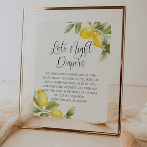 late night diapers sign // lemon baby shower, lemons, citrus, lemon theme, printable baby shower sign, gender neutral