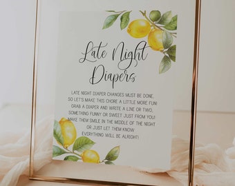 late night diapers sign // lemon baby shower, lemons, citrus, lemon theme, printable baby shower sign, gender neutral