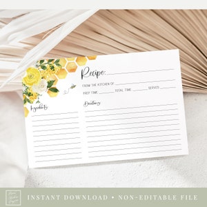 bee recipe card // bee bridal shower, wedding shower,  bee theme, yellow floral, honeycomb, bees, printable recipe card