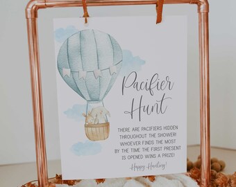 placa de caça à chupeta // chá de bebê em balão de ar quente, para cima e para longe, a aventura o aguarda, azul, menino, placa para chá de bebê para impressão