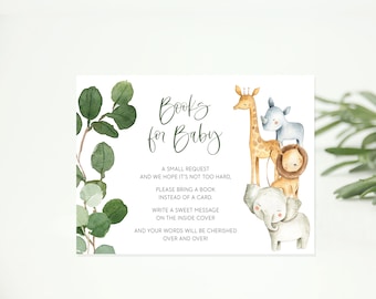 książeczki dla dziecka kartka // zwierzęta z dżungli, safari, akwarelowa zieleń, baby shower w dżungli, drukowana kartka z prośbą o książkę