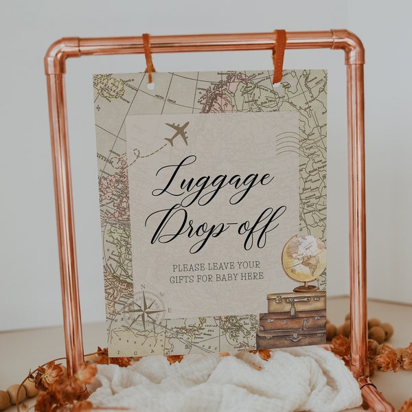 luggage drop-off sign // travel baby shower, luggage, suitcase, map, printable baby shower sign