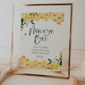 mimosa bar sign // bee bridal shower, bee theme, wedding shower, yellow floral, honeycomb, bees, printable bridal shower sign