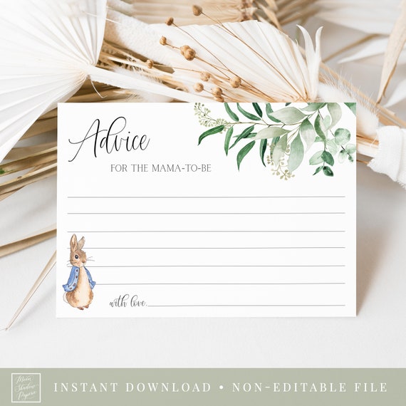 advice for the mama-to-be card // peter rabbit baby shower, peter rabbit, eucalyptus, greenery, printable baby shower game
