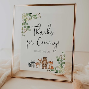 thanks for coming sign // woodland baby shower, woodland animals, greenery, gender neutral, printable baby shower sign