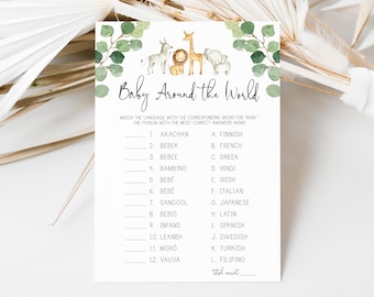 baby around the world game // jungle baby shower, jungle animals, safari, greenery, gender neutral, printable baby shower game