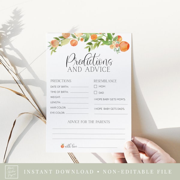 predictions and advice card //  peach baby shower, sweet little peach theme, peaches, printable baby shower game