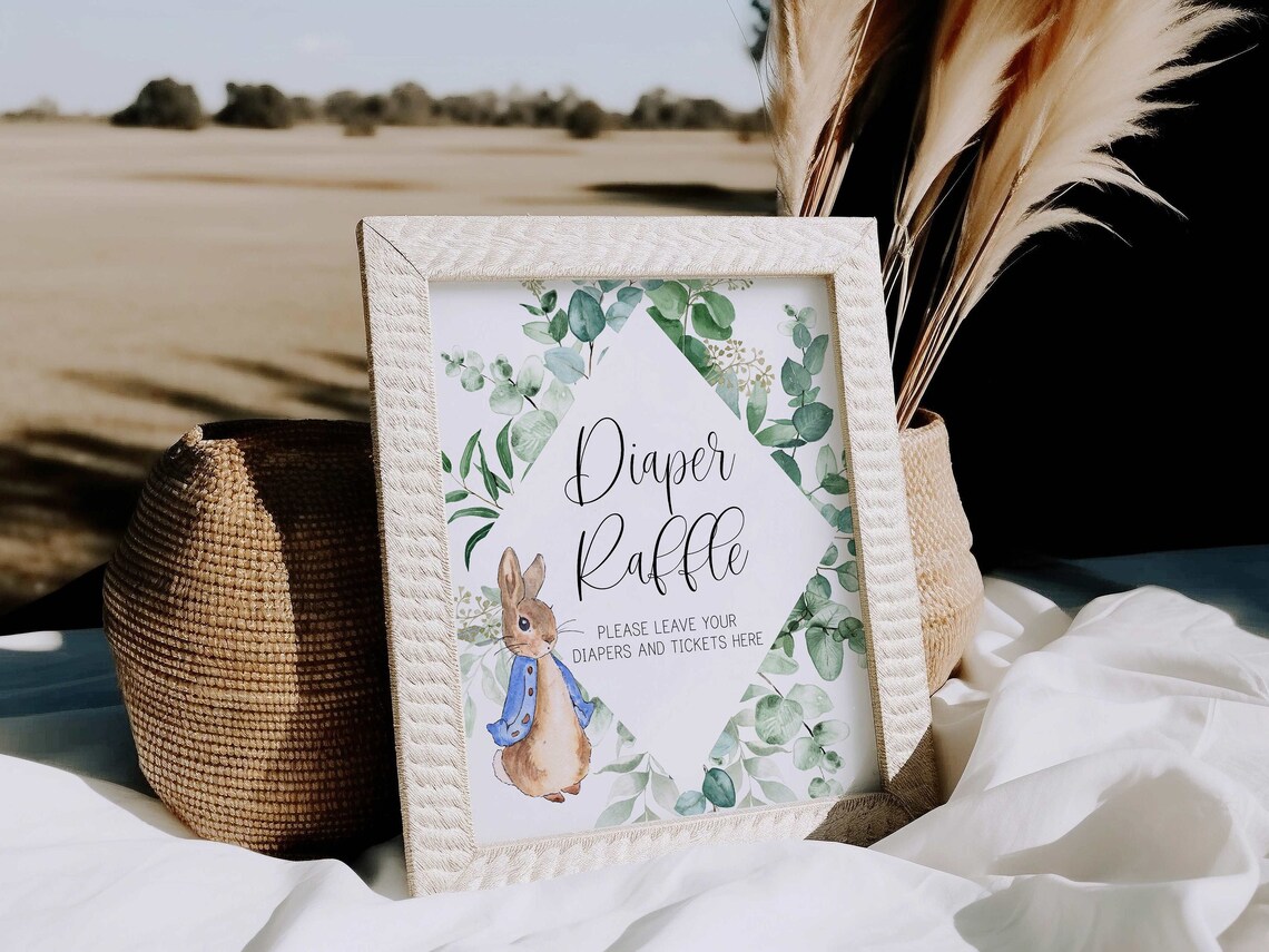 Peter Rabbit Diaper Raffle Sign Diaper Raffle Sign // Peter Rabbit Baby Shower, Bunny Rabbit, Greenery ...