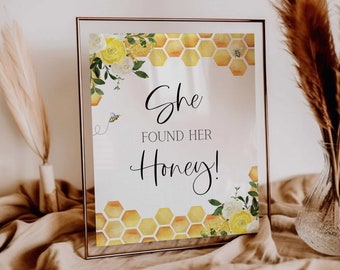 she found her honey sign // bee bridal shower, bee theme, wedding shower, yellow floral, honeycomb, bees, printable bridal shower sign