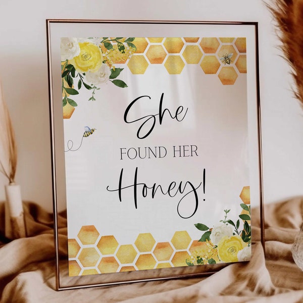 she found her honey sign // bee bridal shower, bee theme, wedding shower, yellow floral, honeycomb, bees, printable bridal shower sign