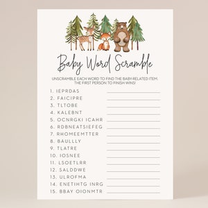 bebé palabra juego de lucha // baby shower del bosque, animales del bosque, género neutral, niño bebé, bosque de árboles, juego de ducha de bebé imprimible