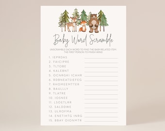 baby woord scramble spel // bos baby shower, bosdieren, genderneutraal, baby jongen, bomen bos, afdrukbare baby shower spel