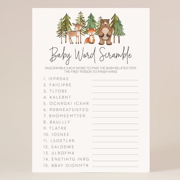 baby word scramble game // woodland baby shower, woodland animals, gender neutral, baby boy, trees forest, printable baby shower game