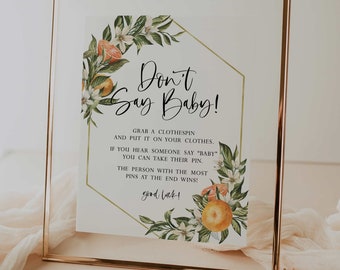 wydrukowany znak „nie mów, kochanie” // cytrusowy baby shower, cytrusowy, pomarańczowy, słodki, znak baby shower, neutralny pod względem płci, wydrukowany znak baby shower