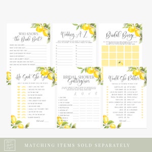 May include: A set of printable bridal shower games featuring a lemon theme. The games include "Who Knows the Bride Best?", "Wedding A-Z", "Bridal Bingo", "He Said, She Said", "Bridal Shower Gattergeries", and "Would She Rather?"